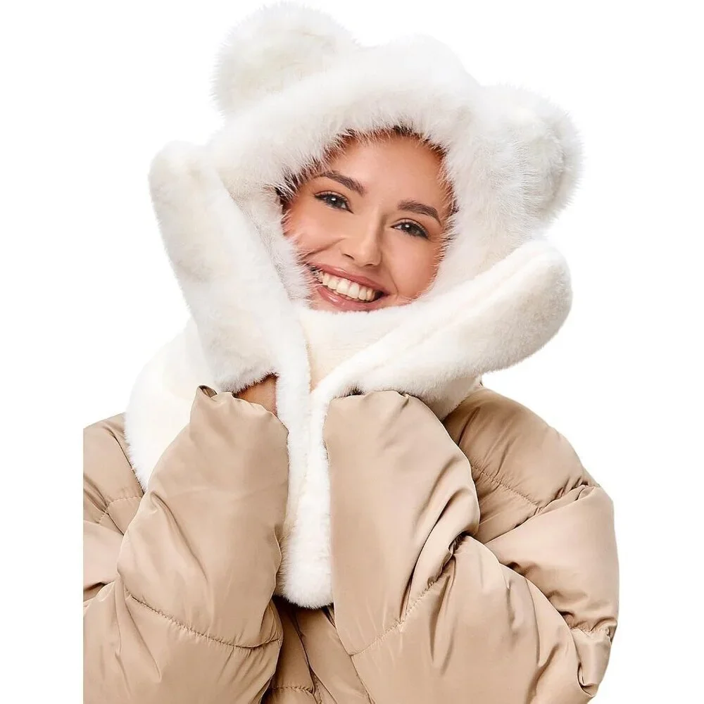 Kids White Faux fur Cute Cat Ears Winter Hat, 3 in 1 Plush Animal Hat Imported